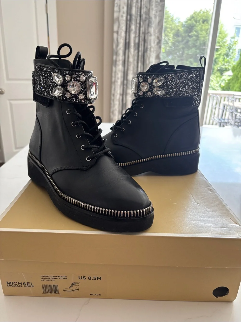 Michael Kors Black Lace-Up Leather HASKELL Boots with Jeweled Glitter Cuff